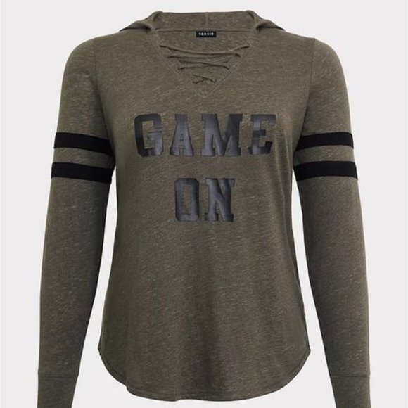 Torrid Game On Olive Green Strappy Football Hoodie Sz 0X - Picture 5 of 16